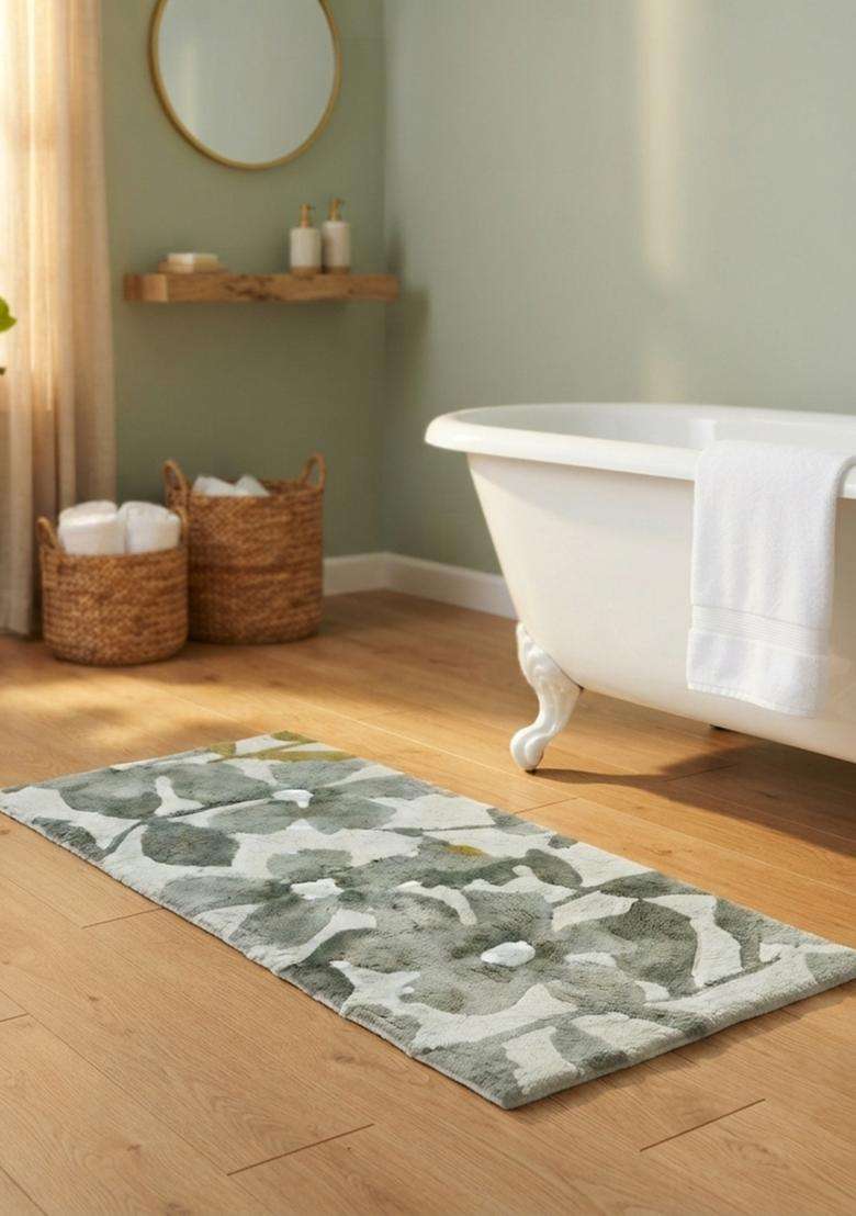Saffron Rugs Hand Tufted Cotton Bath Mat | Grey White Floral Rectangular | Anti Slip Backing | Contemporary Floral Bathroom Rug - Indya