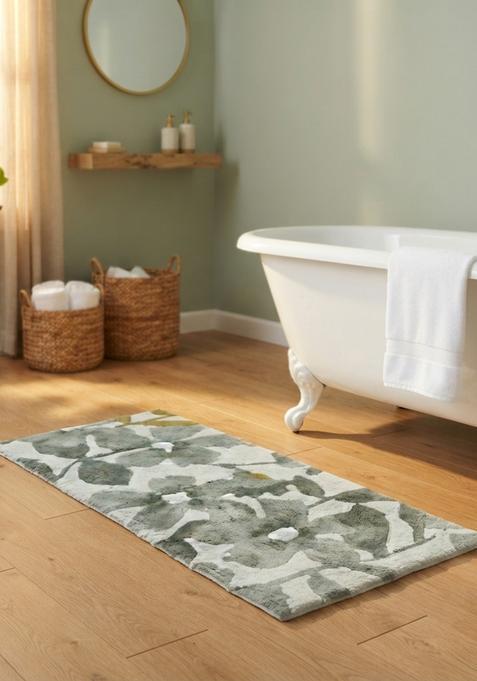 Saffron Rugs Hand Tufted Cotton Bath Mat | Grey White Floral Rectangular | Anti Slip Backing | Contemporary Floral Bathroom Rug