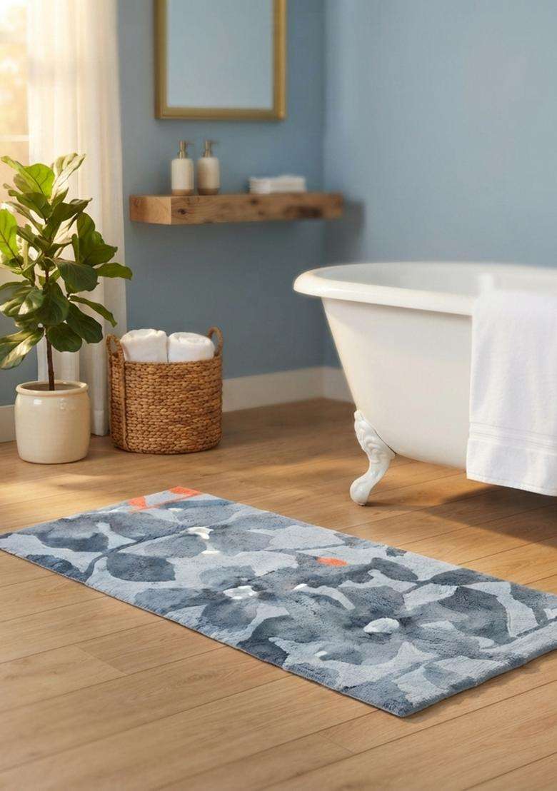 Saffron Rugs Hand Tufted Cotton Bath Mat | Blue Grey Rectangular | Anti Slip Backing | Contemporary Floral Bathroom Rug - Indya