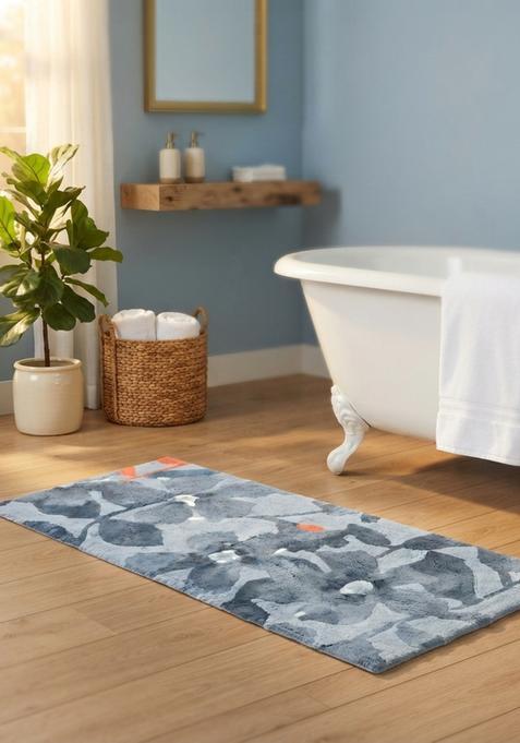 Saffron Rugs Hand Tufted Cotton Bath Mat | Blue Grey Rectangular | Anti Slip Backing | Contemporary Floral Bathroom Rug