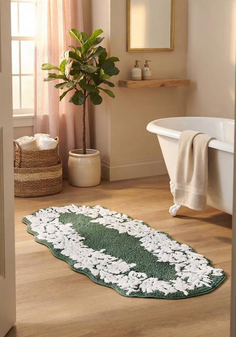 Saffron Rugs Hand Tufted Cotton Bath Mat | Dark Green Oval | Anti Slip Backing | Vintage Floral Bathroom Rug