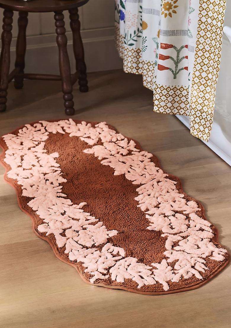 Saffron Rugs Hand Tufted Cotton Bath Mat | Brown Pink Oval | Anti Slip Backing | Vintage Floral Bathroom Rug - Indya
