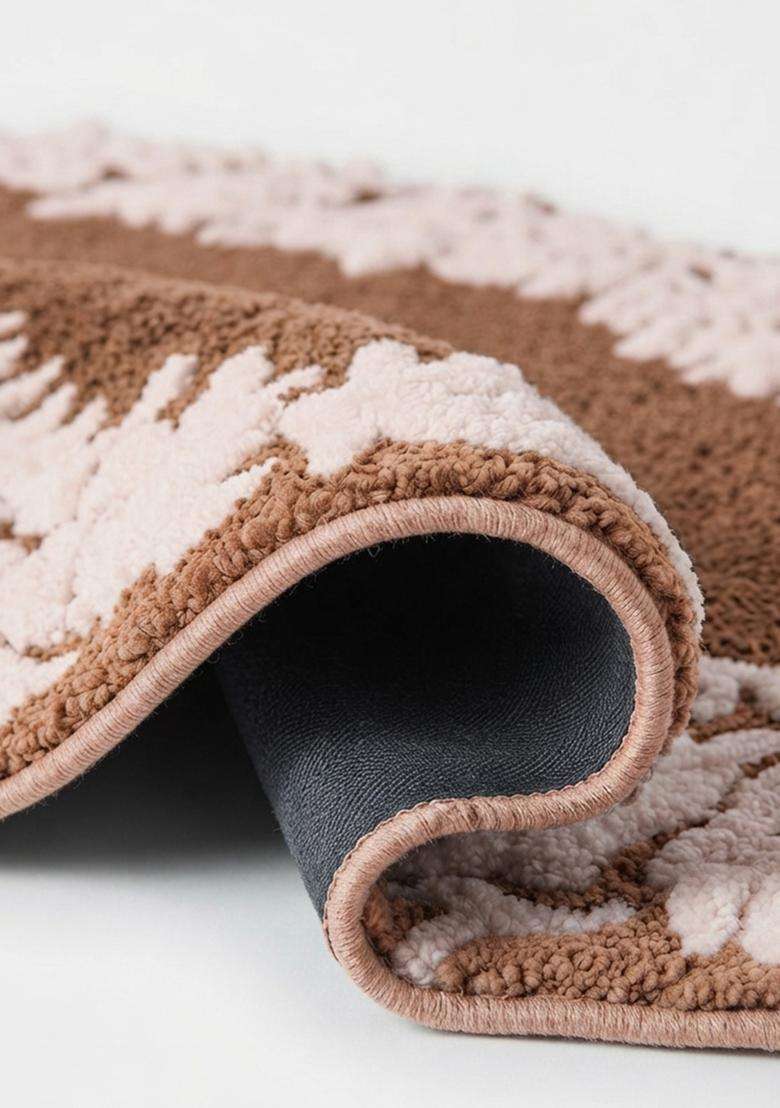 Saffron Rugs Hand Tufted Cotton Bath Mat | Brown Pink Oval | Anti Slip Backing | Vintage Floral Bathroom Rug - Indya