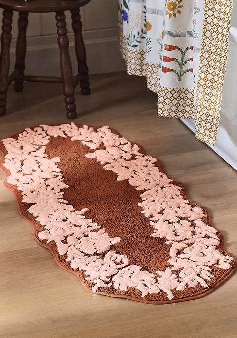 Saffron Rugs Hand Tufted Cotton Bath Mat | Brown Pink Oval | Anti Slip Backing | Vintage Floral Bathroom Rug