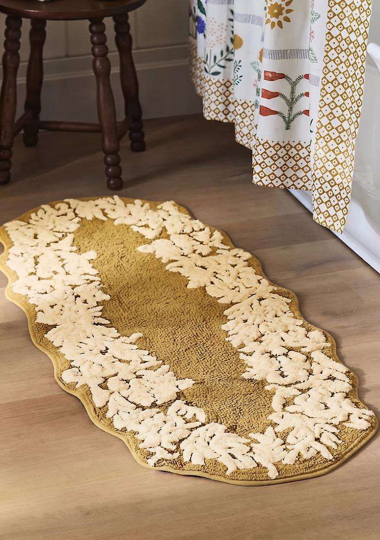 Saffron Rugs Hand Tufted Cotton Bath Mat | Gold and Cream Oval | Anti Slip Backing | Vintage Floral Bathroom Rug - Indya