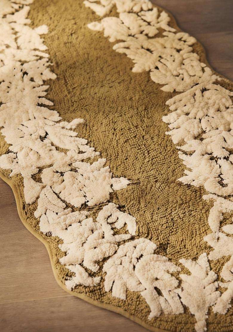 Saffron Rugs Hand Tufted Cotton Bath Mat | Gold and Cream Oval | Anti Slip Backing | Vintage Floral Bathroom Rug - Indya