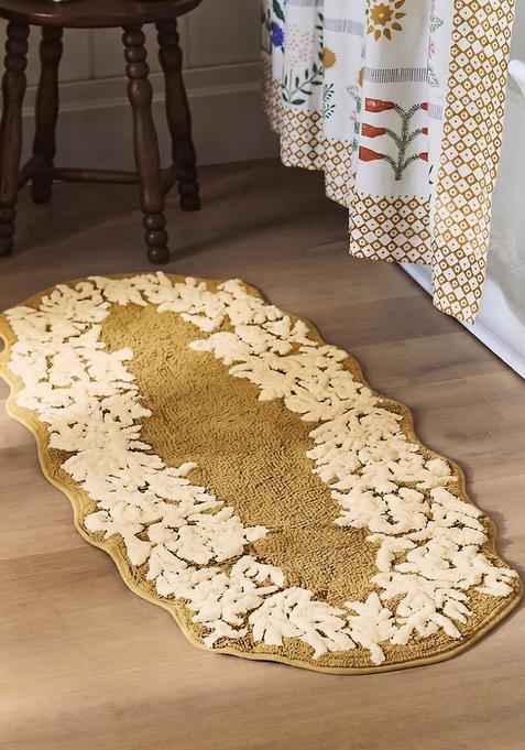 Saffron Rugs Hand Tufted Cotton Bath Mat | Gold and Cream Oval | Anti Slip Backing | Vintage Floral Bathroom Rug