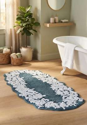Saffron Rugs Hand Tufted Cotton Bath Mat | Teal Blue Oval | Anti Slip Backing | Vintage Floral Bathroom Rug