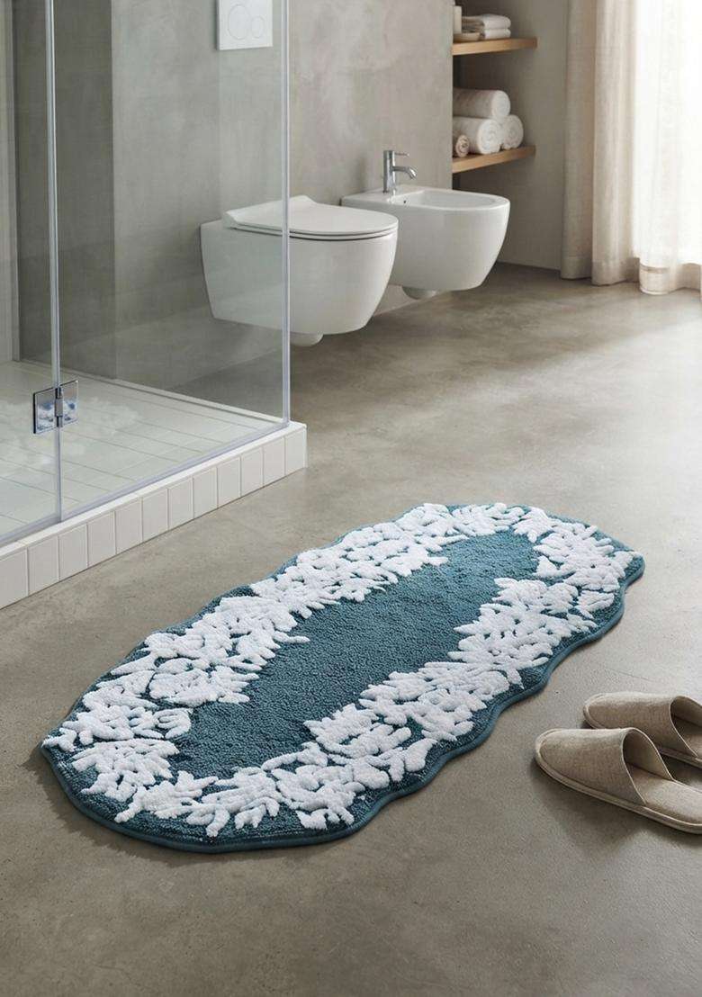 Saffron Rugs Hand Tufted Cotton Bath Mat | Teal Blue Oval | Anti Slip Backing | Vintage Floral Bathroom Rug - Indya