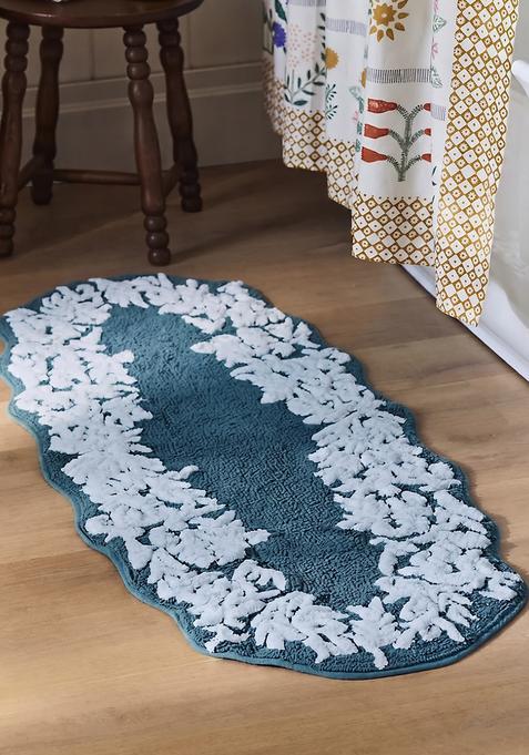 Saffron Rugs Hand Tufted Cotton Bath Mat | Teal Blue Oval | Anti Slip Backing | Vintage Floral Bathroom Rug