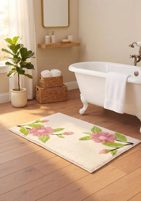 Saffron Rugs Hand Tufted Cotton Bath Mat | Cream Rectangular | Anti Slip Backing | Shabby Chic Floral Bathroom Rug
