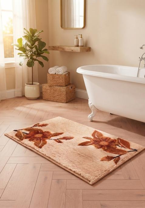 Saffron Rugs Hand Tufted Cotton Bath Mat | Peach Rectangular | Anti Slip Backing | Shabby Chic Floral Bathroom Rug