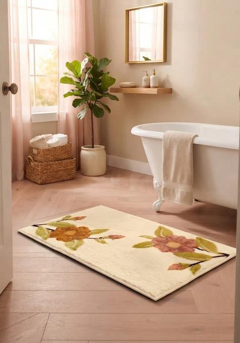 Saffron Rugs Hand Tufted Cotton Bath Mat | Cream Ivory Rectangular | Anti Slip Backing | Shabby Chic Floral Bathroom Rug