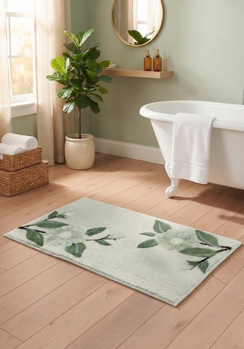 Saffron Rugs Hand Tufted Cotton Bath Mat | Light Mint Green Rectangular | Anti Slip Backing | Shabby Chic Floral Bathroom Rug