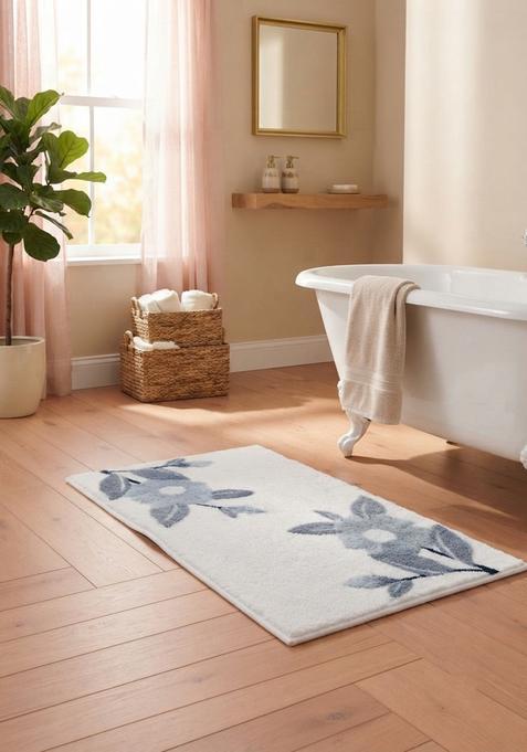 Saffron Rugs Hand Tufted Cotton Bath Mat | Ivory White Rectangular | Anti Slip Backing | Shabby Chic Floral Bathroom Rug