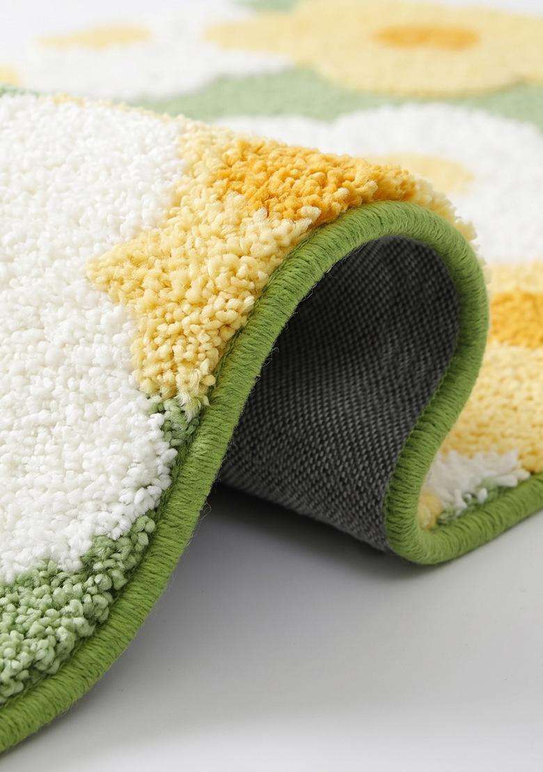 Saffron Rugs Hand Tufted Cotton Bath Mat | Sage Green Rectangular | Anti Slip Backing | Casual Floral Bathroom Rug - Indya
