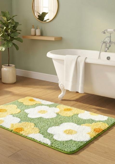 Saffron Rugs Hand Tufted Cotton Bath Mat | Sage Green Rectangular | Anti Slip Backing | Casual Floral Bathroom Rug