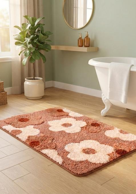 Saffron Rugs Hand Tufted Cotton Bath Mat | Brown Terracotta Rectangular | Anti Slip Backing | Casual Floral Bathroom Rug