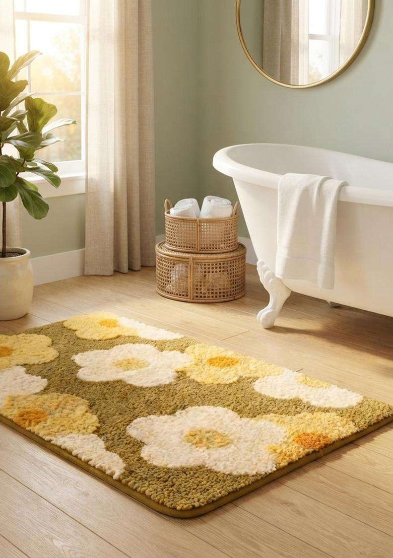 Saffron Rugs Hand Tufted Cotton Bath Mat | Olive Yellow Rectangular | Anti Slip Backing | Casual Floral Bathroom Rug - Indya