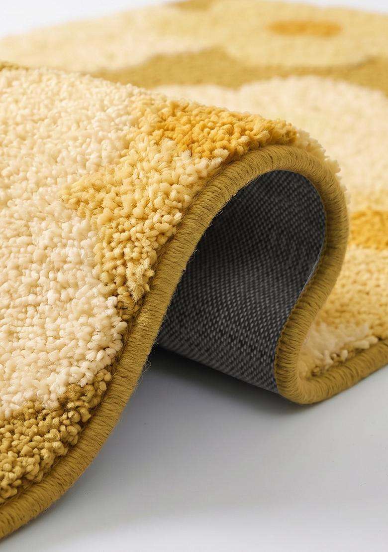 Saffron Rugs Hand Tufted Cotton Bath Mat | Olive Yellow Rectangular | Anti Slip Backing | Casual Floral Bathroom Rug - Indya