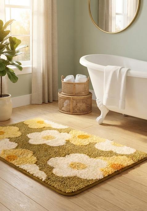 Saffron Rugs Hand Tufted Cotton Bath Mat | Olive Yellow Rectangular | Anti Slip Backing | Casual Floral Bathroom Rug