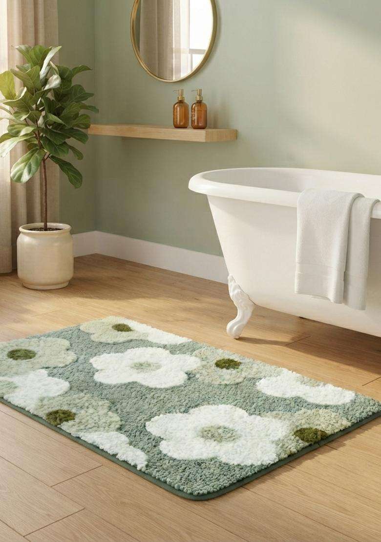 Saffron Rugs Hand Tufted Cotton Bath Mat | Sage Green 2 Rectangular | Anti Slip Backing | Casual Floral Bathroom Rug - Indya