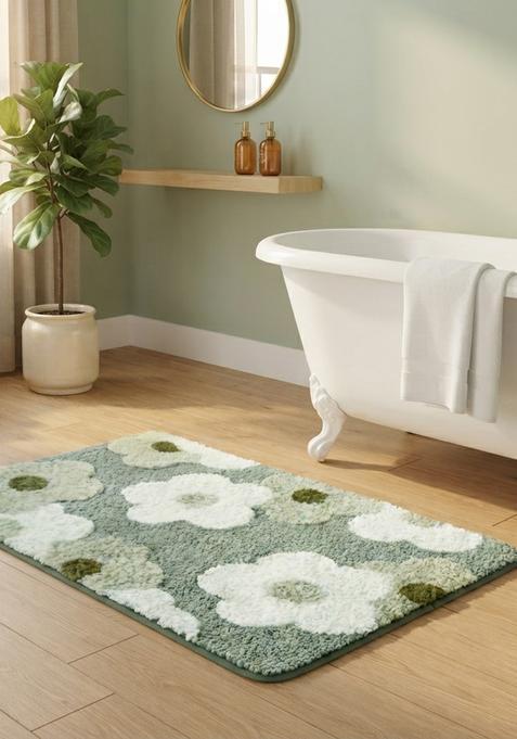 Saffron Rugs Hand Tufted Cotton Bath Mat | Sage Green 2 Rectangular | Anti Slip Backing | Casual Floral Bathroom Rug