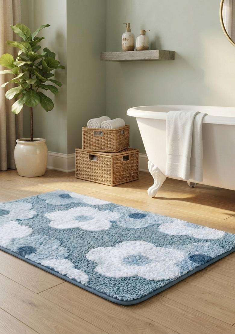 Saffron Rugs Hand Tufted Cotton Bath Mat | Steel Blue Rectangular | Anti Slip Backing | Casual Floral Bathroom Rug - Indya