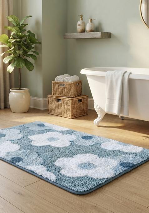 Saffron Rugs Hand Tufted Cotton Bath Mat | Steel Blue Rectangular | Anti Slip Backing | Casual Floral Bathroom Rug