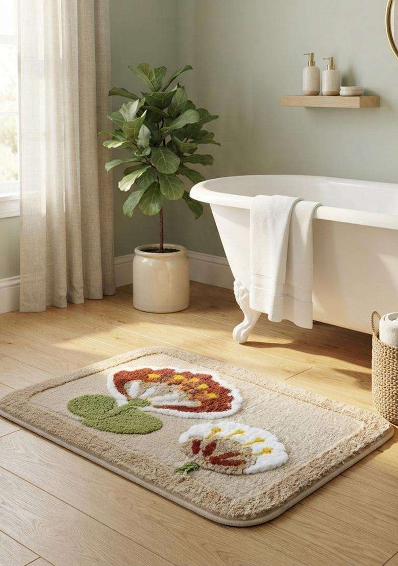 Saffron Rugs Hand Tufted Cotton Bath Mat | Beige Rectangular | Anti Slip Backing | Contemporary Floral Bathroom Rug - Indya