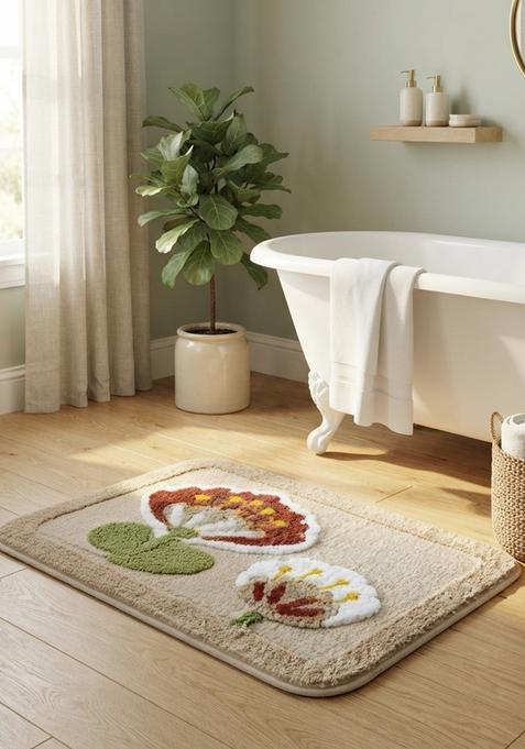 Saffron Rugs Hand Tufted Cotton Bath Mat | Beige Rectangular | Anti Slip Backing | Contemporary Floral Bathroom Rug