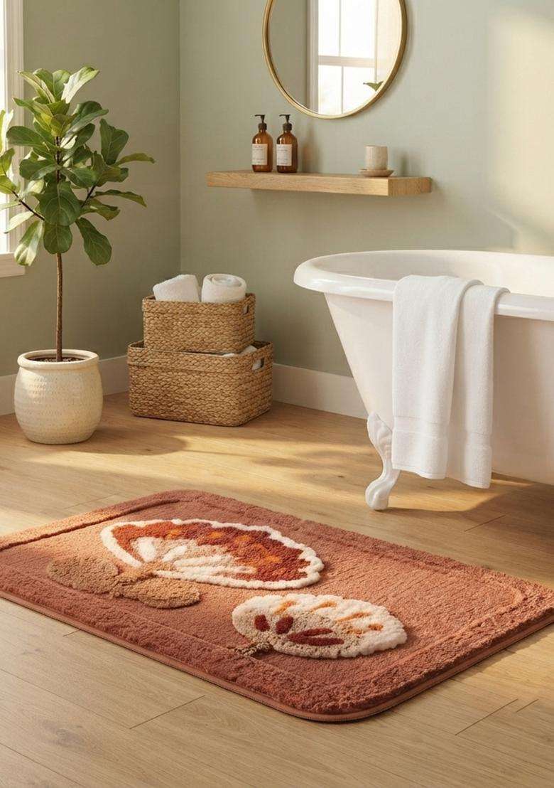 Saffron Rugs Hand Tufted Cotton Bath Mat | Terracotta Copper Rectangular | Anti Slip Backing | Contemporary Floral Bathroom Rug - Indya