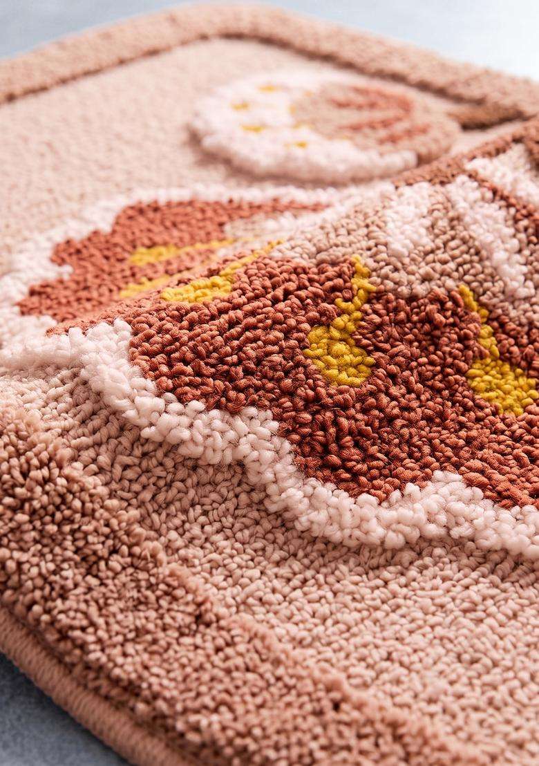 Saffron Rugs Hand Tufted Cotton Bath Mat | Terracotta Copper Rectangular | Anti Slip Backing | Contemporary Floral Bathroom Rug - Indya
