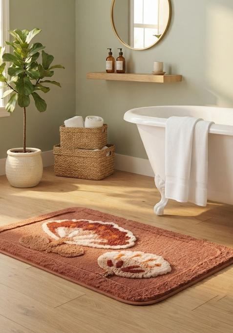 Saffron Rugs Hand Tufted Cotton Bath Mat | Terracotta Copper Rectangular | Anti Slip Backing | Contemporary Floral Bathroom Rug