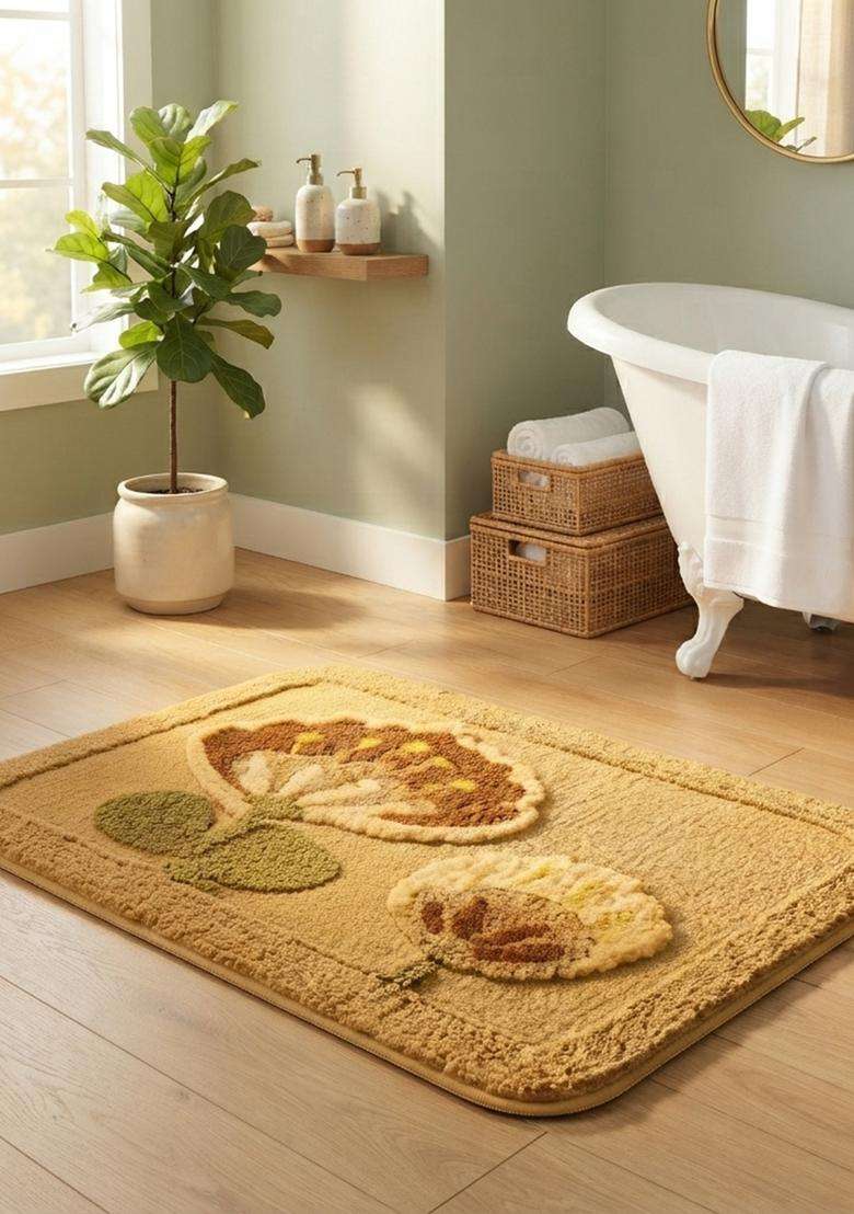 Saffron Rugs Hand Tufted Cotton Bath Mat | Golden Yellow Rectangular | Anti Slip Backing | Contemporary Floral Bathroom Rug - Indya