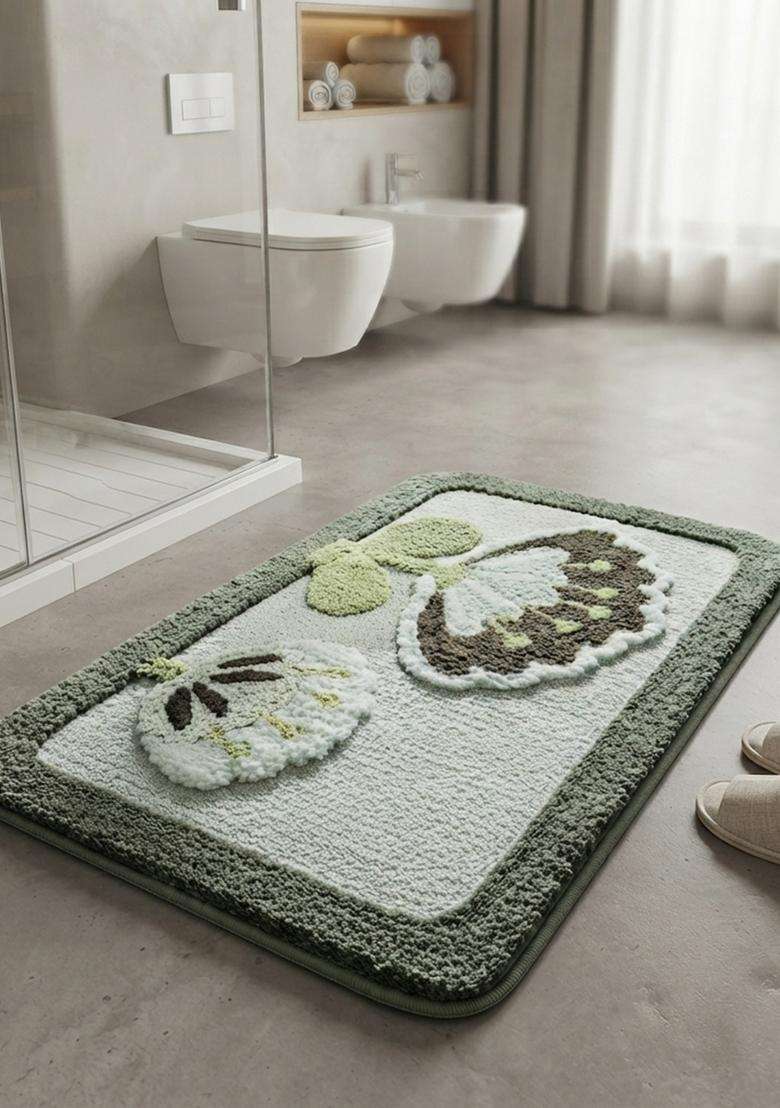 Saffron Rugs Hand Tufted Cotton Bath Mat | Sage Green Rectangular | Anti Slip Backing | Contemporary Floral Bathroom Rug - Indya