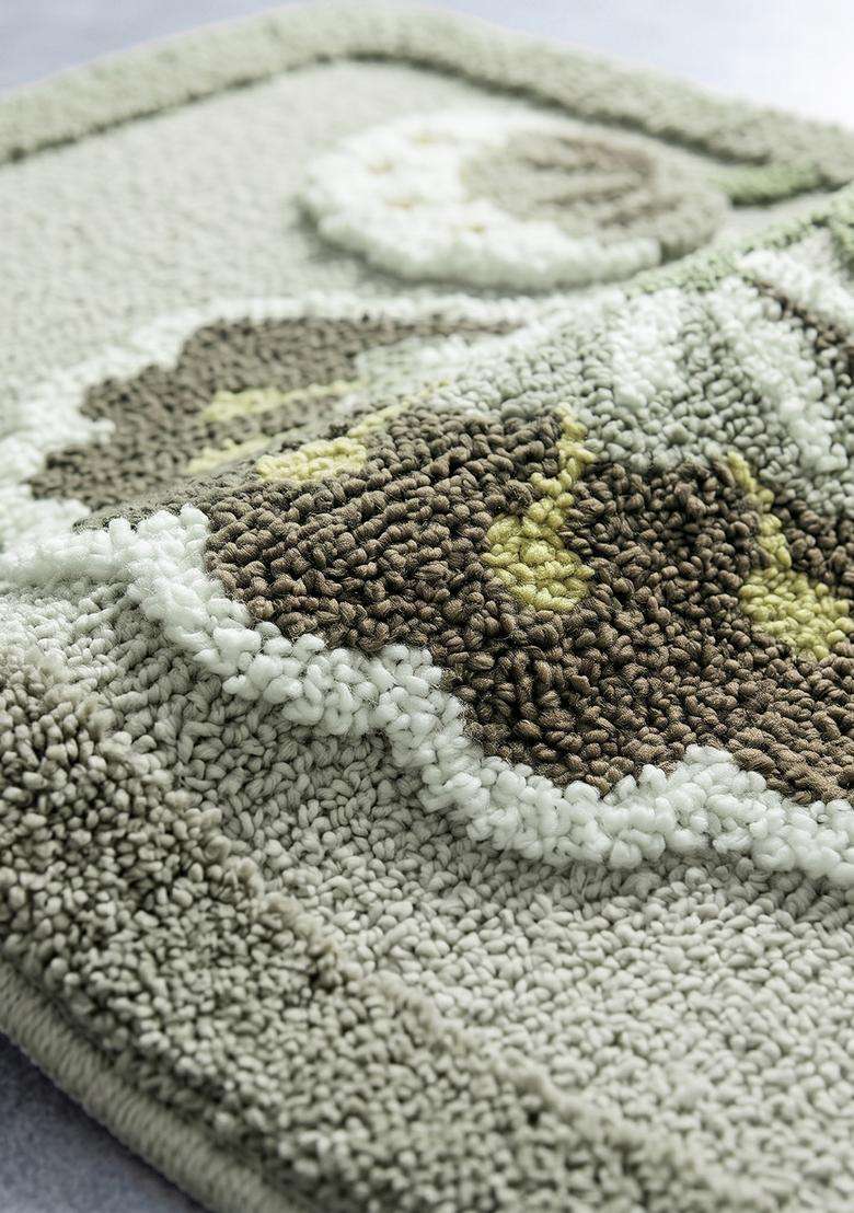 Saffron Rugs Hand Tufted Cotton Bath Mat | Sage Green Rectangular | Anti Slip Backing | Contemporary Floral Bathroom Rug - Indya
