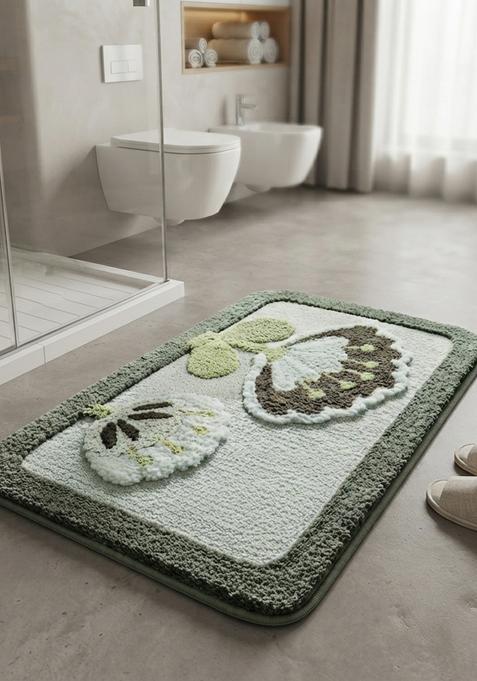Saffron Rugs Hand Tufted Cotton Bath Mat | Sage Green Rectangular | Anti Slip Backing | Contemporary Floral Bathroom Rug