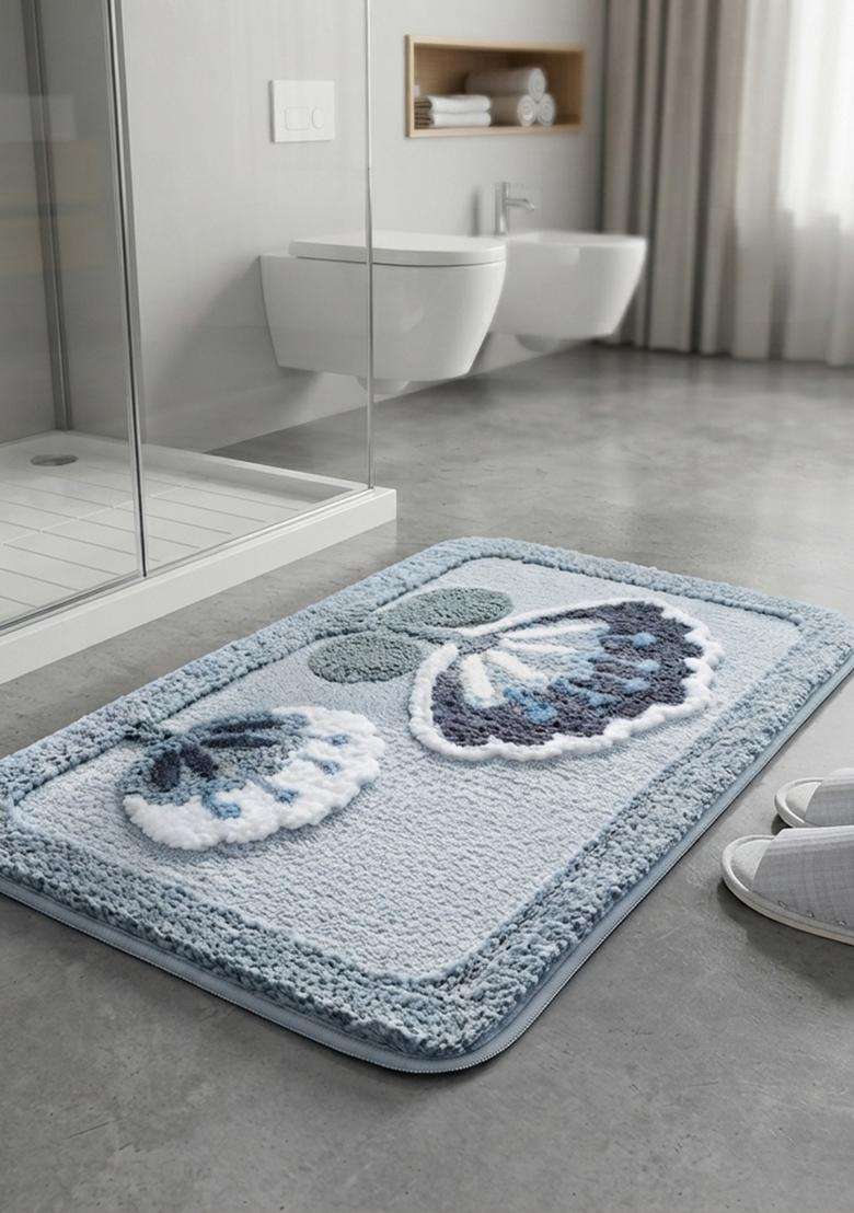 Saffron Rugs Hand Tufted Cotton Bath Mat | Light Blue Grey Rectangular | Anti Slip Backing | Contemporary Floral Bathroom Rug - Indya