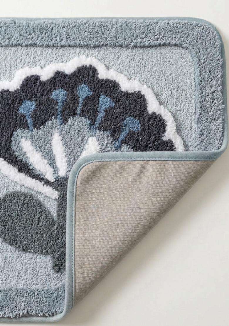Saffron Rugs Hand Tufted Cotton Bath Mat | Light Blue Grey Rectangular | Anti Slip Backing | Contemporary Floral Bathroom Rug - Indya