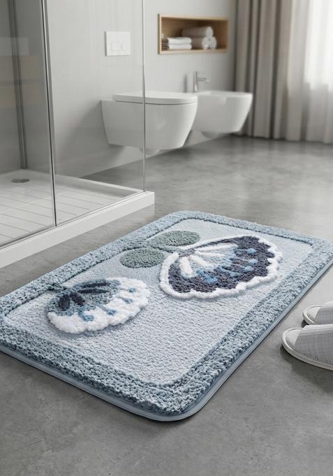 Saffron Rugs Hand Tufted Cotton Bath Mat | Light Blue Grey Rectangular | Anti Slip Backing | Contemporary Floral Bathroom Rug
