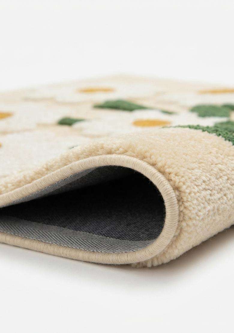 Saffron Rugs Hand Tufted Cotton Bath Mat | Cream Beige Square | Anti Slip Backing | Bohemian Floral Bathroom Rug - Indya