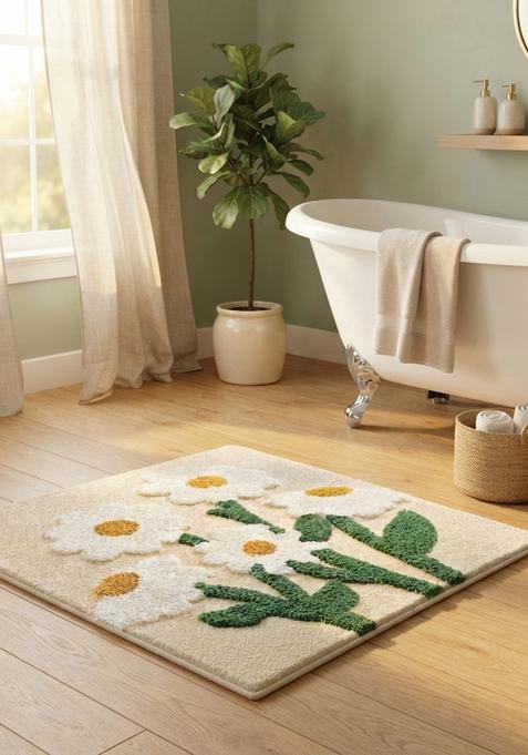 Saffron Rugs Hand Tufted Cotton Bath Mat | Cream Beige Square | Anti Slip Backing | Bohemian Floral Bathroom Rug
