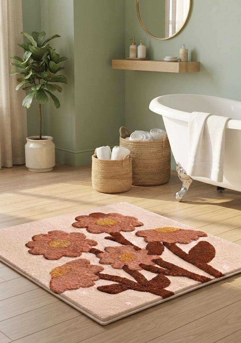 Saffron Rugs Hand Tufted Cotton Bath Mat | Terracotta Brown Square | Anti Slip Backing | Bohemian Floral Bathroom Rug - Indya