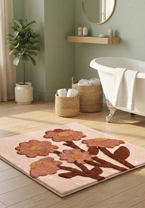 Saffron Rugs Hand Tufted Cotton Bath Mat | Terracotta Brown Square | Anti Slip Backing | Bohemian Floral Bathroom Rug
