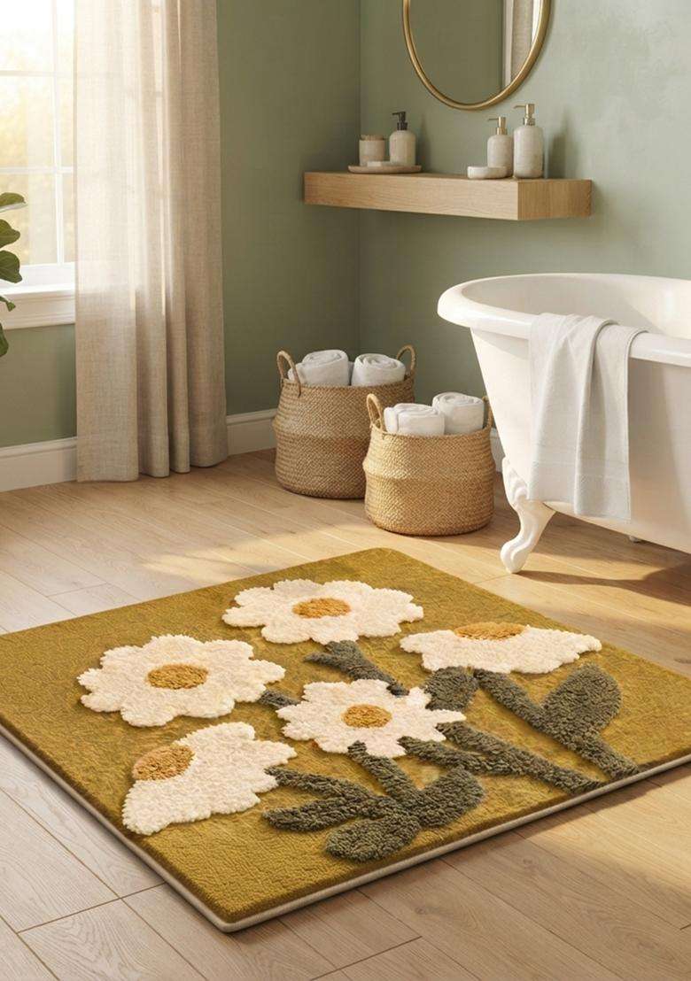 Saffron Rugs Hand Tufted Cotton Bath Mat | Mustard Yellow Square | Anti Slip Backing | Bohemian Floral Bathroom Rug - Indya