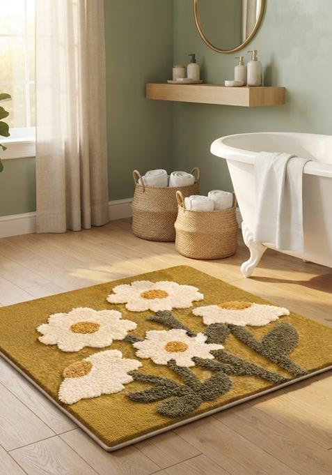 Saffron Rugs Hand Tufted Cotton Bath Mat | Mustard Yellow Square | Anti Slip Backing | Bohemian Floral Bathroom Rug