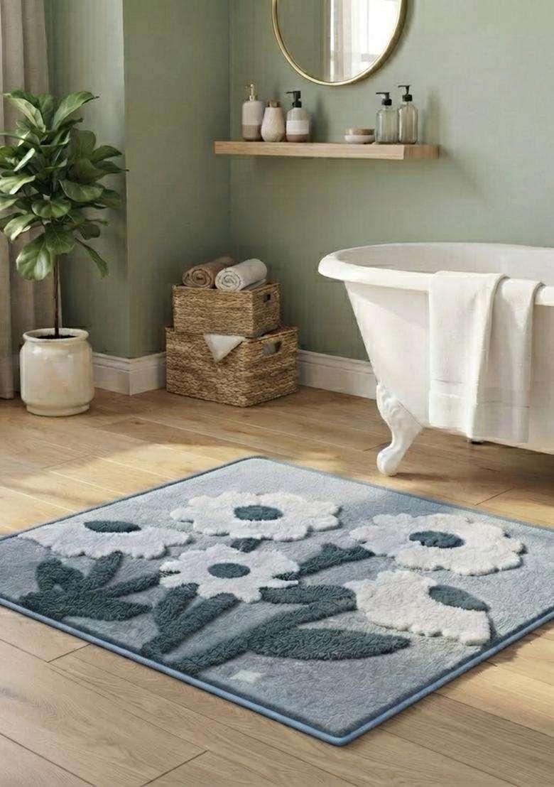 Saffron Rugs Hand Tufted Cotton Bath Mat | Slate Blue Grey Square | Anti Slip Backing | Bohemian Floral Bathroom Rug - Indya