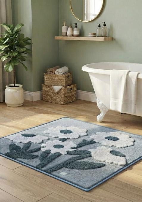 Saffron Rugs Hand Tufted Cotton Bath Mat | Slate Blue Grey Square | Anti Slip Backing | Bohemian Floral Bathroom Rug