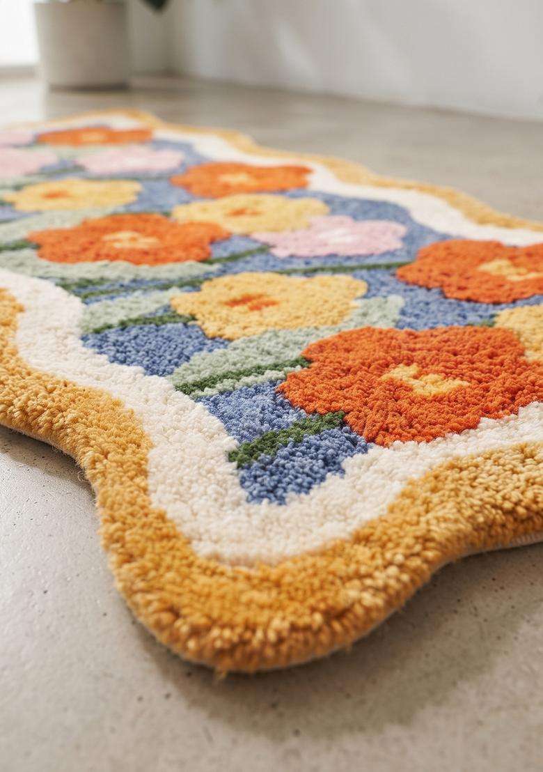 Saffron Rugs Hand Tufted Cotton Bath Mat | Multicolor Scalloped | Anti Slip Backing | Bohemian Floral Bathroom Rug - Indya